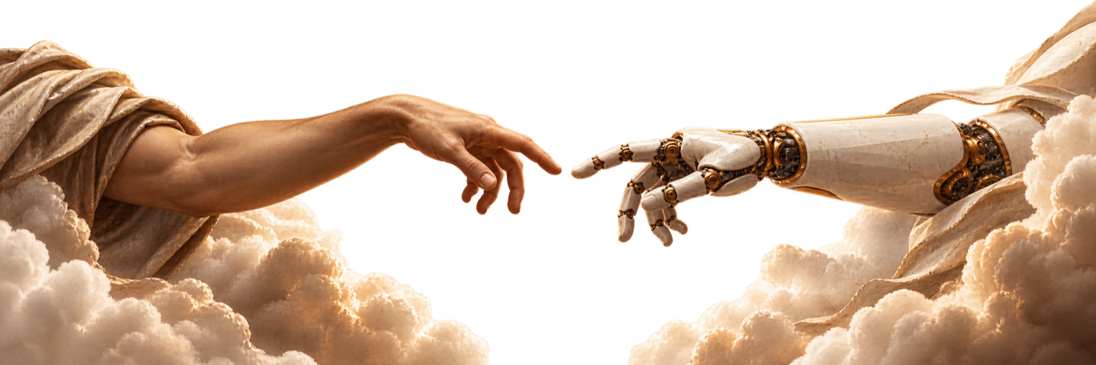 A human hand and a mechanical one, side by side.